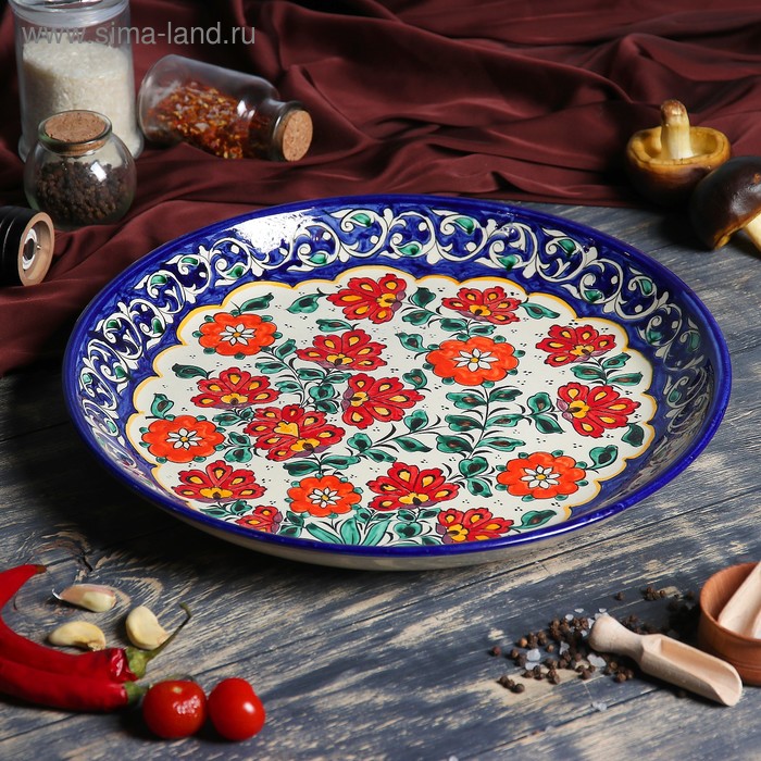 Ляган Риштанская Керамика Цветы, 37 см, синий