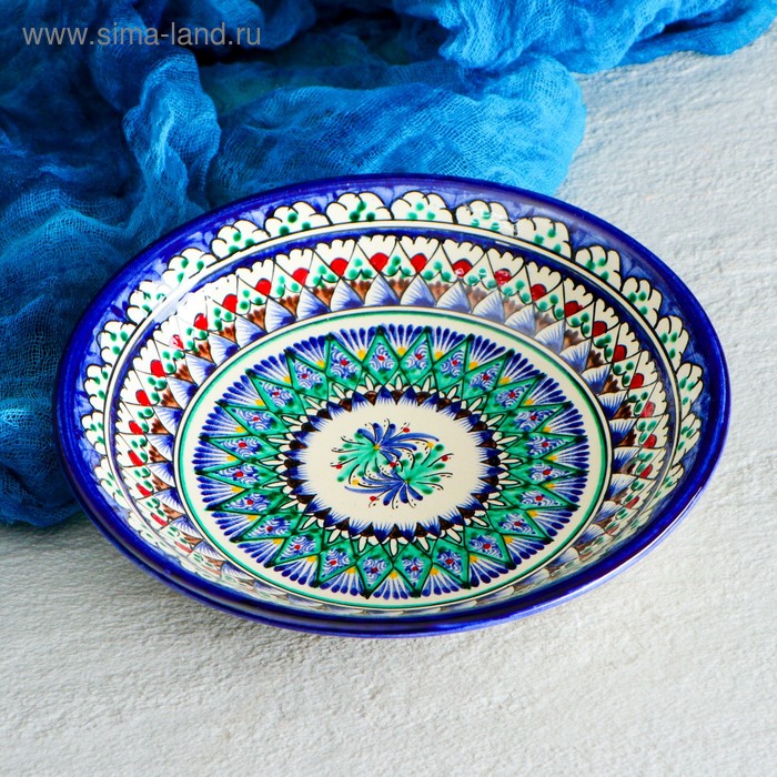 Тарелка Риштанская Керамика Узоры, синяя, глубокая, 20 см тарелка риштанская керамика цветы синяя глубокая 20 см микс