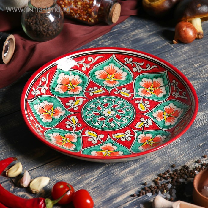 Ляган Риштанская Керамика Цветы, 25 см, красный