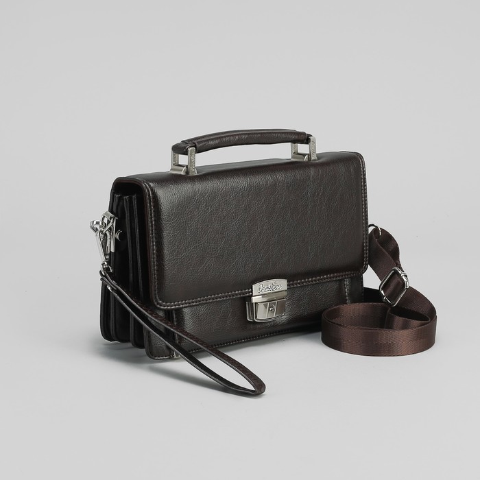 Барсетка мужская, 5 отделов, 3 наружных кармана, с ручкой, цвет коричневый