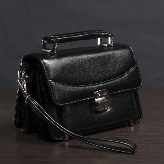 Барсетка мужская, 5 отделов, для карт, наружный карман, с ручкой, цвет чёрный