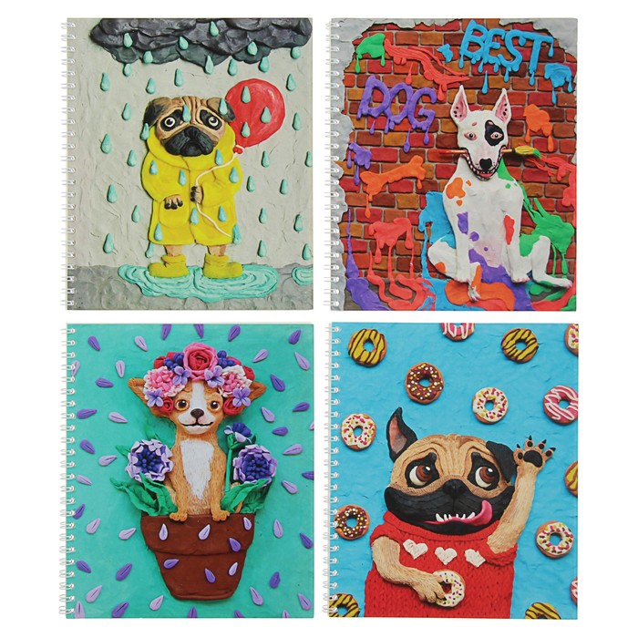 Тетрадь 48 листов клетка на гребне "Пластилиновые собачки", мелованный картон, матовая ламинация, микс