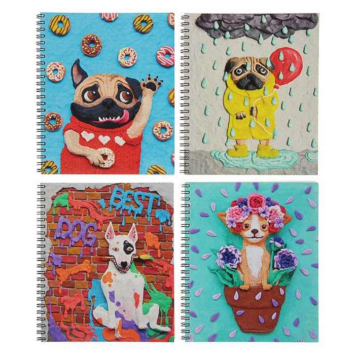 Тетрадь 96 листов клетка на гребне "Пластилиновые собачки", мелованный картон, матовая ламинация, микс