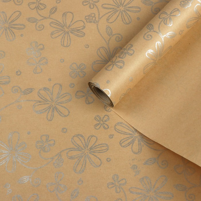 Бумага упаковочная крафт "Серебряные цветы", 0,5 х 10 м