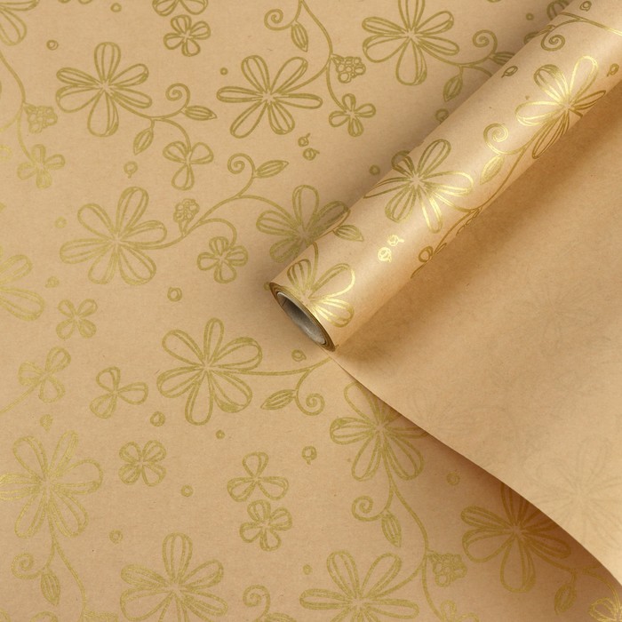 Бумага упаковочная крафт "Золотые цветы", 0,5 х 10 м