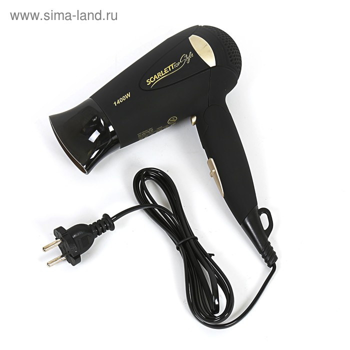 Фен Scarlett SC-HD70IT10, 1400 Вт, 2 температурных режима, складная ручка, черный с золотом