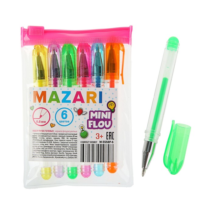 Набор гелевых ручек 6 цветов Mini Flou, узел 0.8 мм, флуорисцентные, пулевидный пишущий узел, стержень 80мм