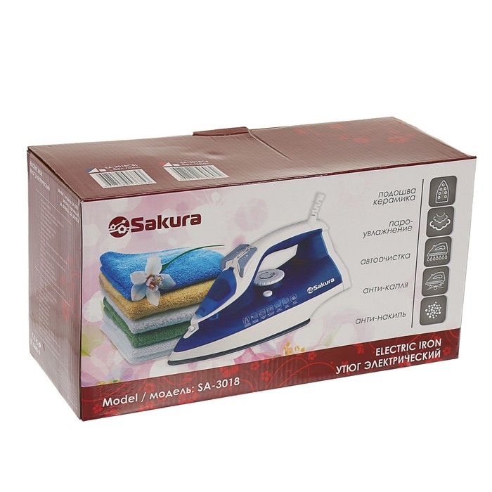 Утюг Sakura SA-3018CR, 2400 Вт, керамическая подошва, красный
