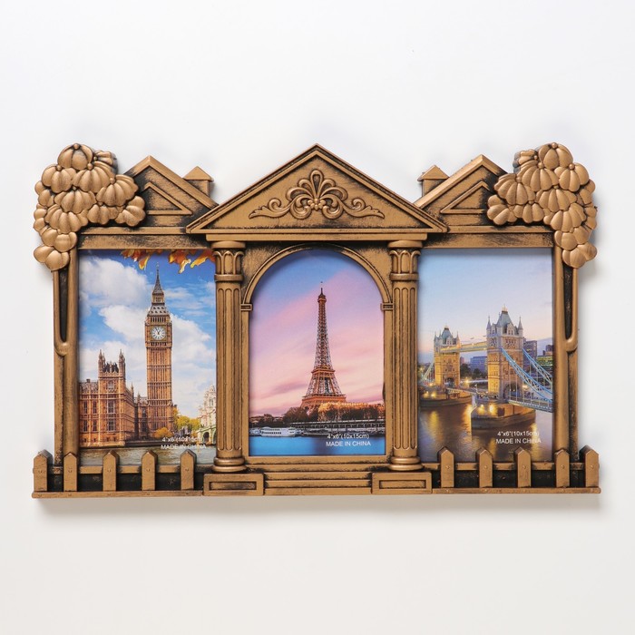 Фоторамка пластик на 3 фото 10х15 см "Поместье" золото 23х36,5 см