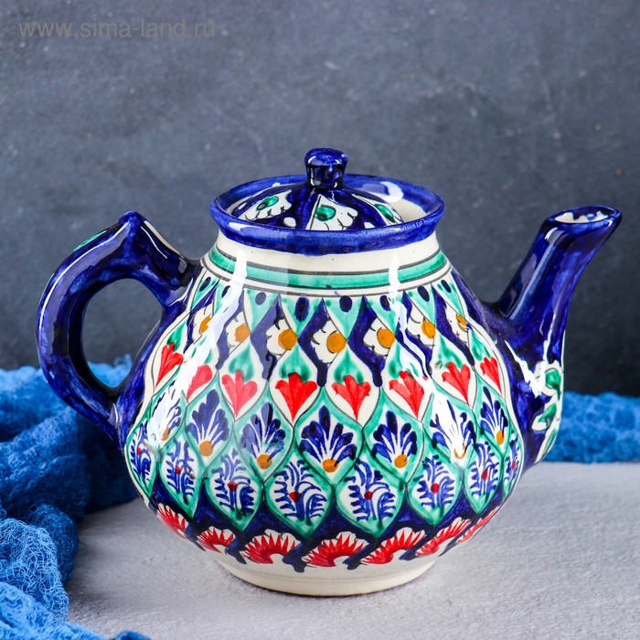 Чайник Риштанская Керамика Узоры, 1600 мл, синий микс чайник риштанская керамика атлас 1600 мл разноцветный