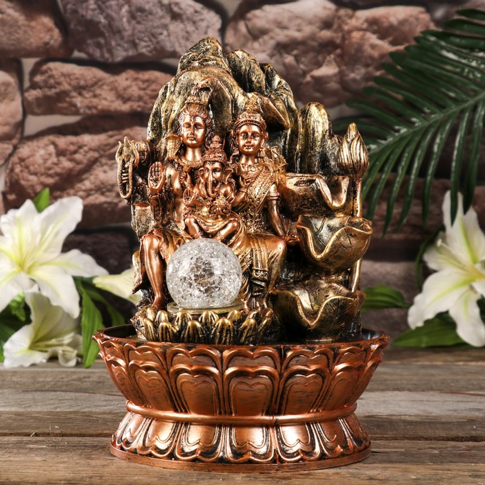 Фонтан настольный от сети, подсветка "Ганеша, Шива и Парвати у скалы" 29х20х20 см