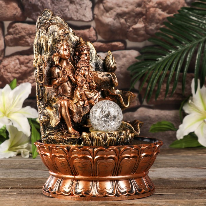 Фонтан настольный от сети, подсветка "Ганеша, Шива и Парвати у скалы" 29х20х20 см