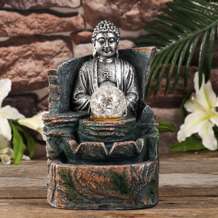 Фонтан настольный от сети, подсветка "Медитация Будды" серебро 21,5х16,5х13 см