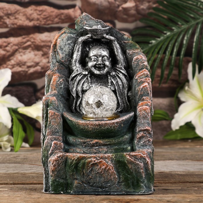 Фонтан настольный от сети, подсветка "Хотей со слитком" серебро 25,5х15х16 см