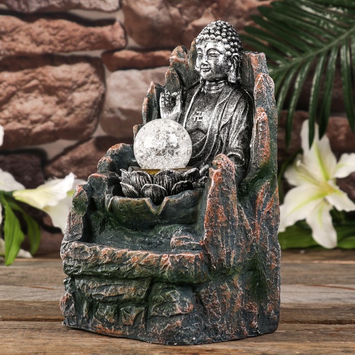 Фонтан настольный от сети, подсветка "Будда с лотосом" серебро 26х15,5х13,5 см