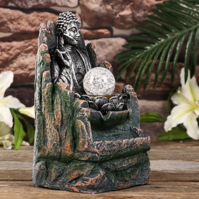Фонтан настольный от сети, подсветка "Будда с лотосом" серебро 26х15,5х13,5 см