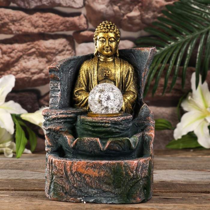 Фонтан настольный от сети, подсветка "Медитация Будды" золото 21,5х16,5х13 см