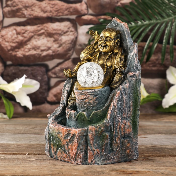 Фонтан настольный от сети, подсветка "Хотей с жезлом Жуи" золото 25,8х16х14 см