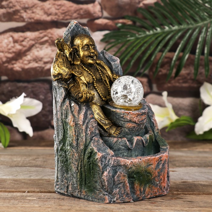 Фонтан настольный от сети, подсветка "Хотей с жезлом Жуи" золото 25,8х16х14 см