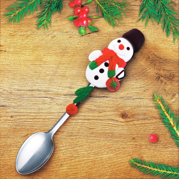 Ложка для декора полимерной глиной «Снеговик в шарфике»