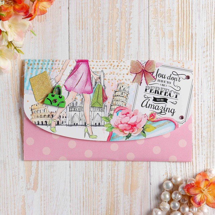 Конверт для денег "Универсальный" девушка с сумкой, ручная работа