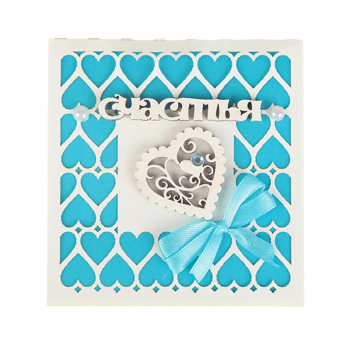 Открытка-мини "Счастья" сердце,голубой узор, ручная работа