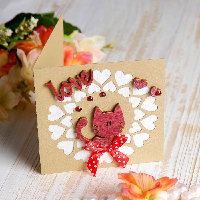 Открытка-мини &quot;Love&quot; котёнок, ручная работа