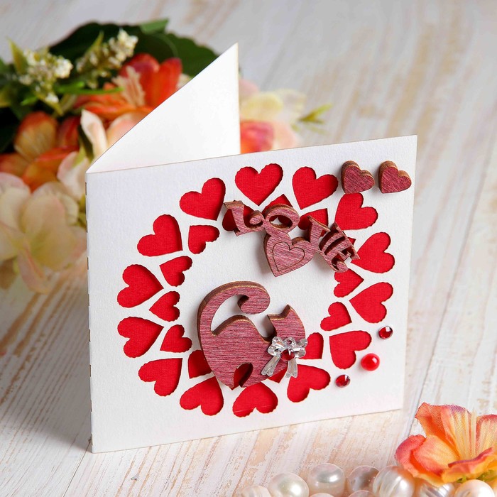 Открытка-мини &quot;Love&quot; котёнок, сердечки, ручная работа