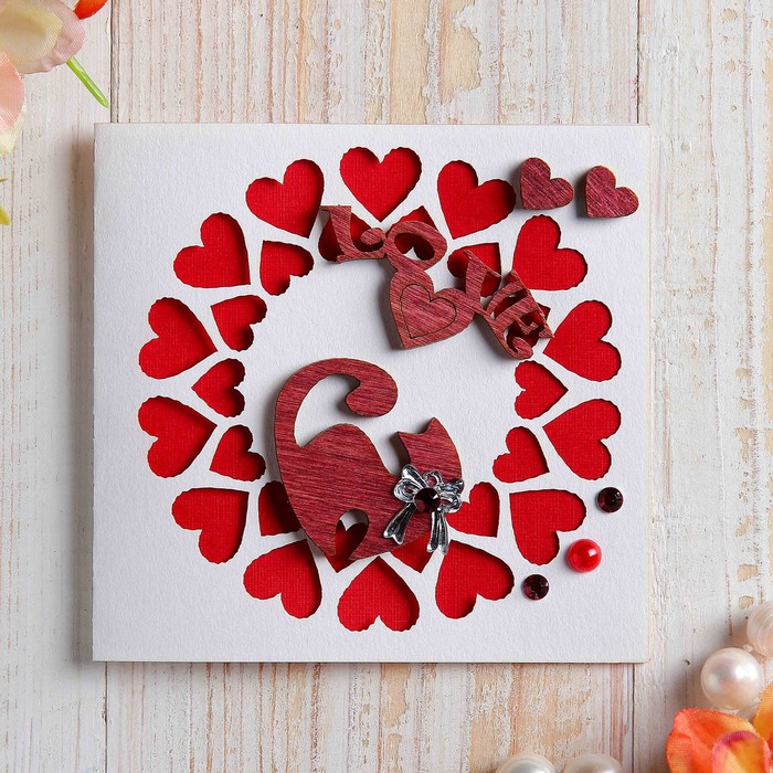 Открытка-мини "Love" котёнок, сердечки, ручная работа