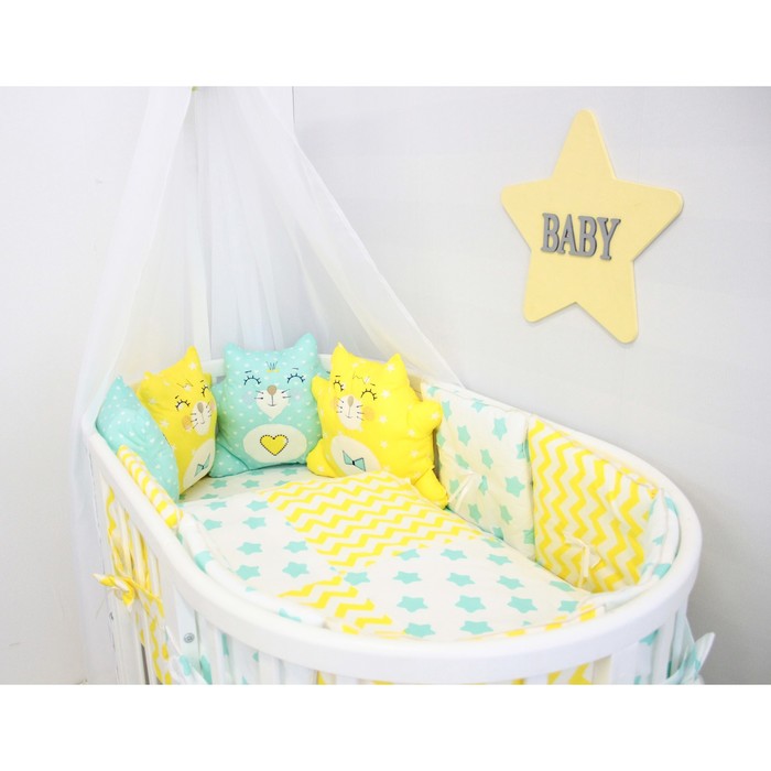 Комплект в круглую кроватку "Котики", 7 предметов, бязь, мятно-жёлтый