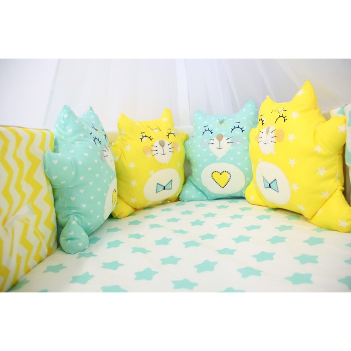 Комплект в круглую кроватку "Котики", 7 предметов, бязь, мятно-жёлтый