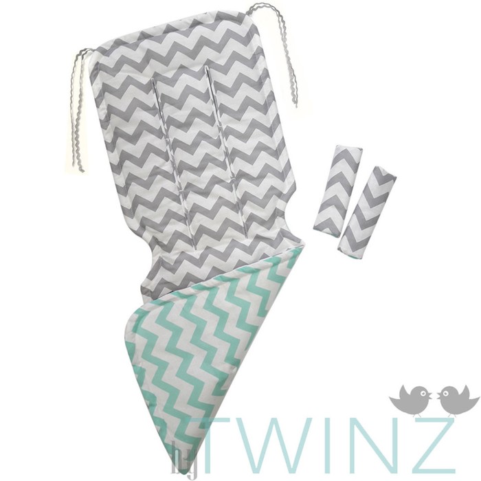 Матрасик в коляску "Зигзаги", размер 34х84 см, сатин, серый/бирюза