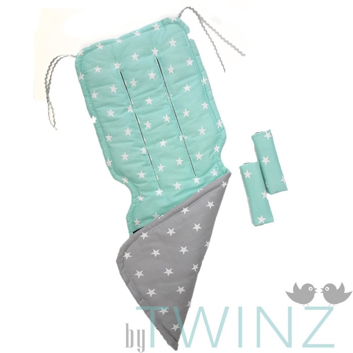 Матрасик в коляску "Звёзды", размер 34х84 см, сатин, бирюза/серый