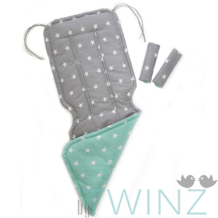 Матрасик в коляску "Звёзды", размер 34х84 см, сатин, бирюза/серый