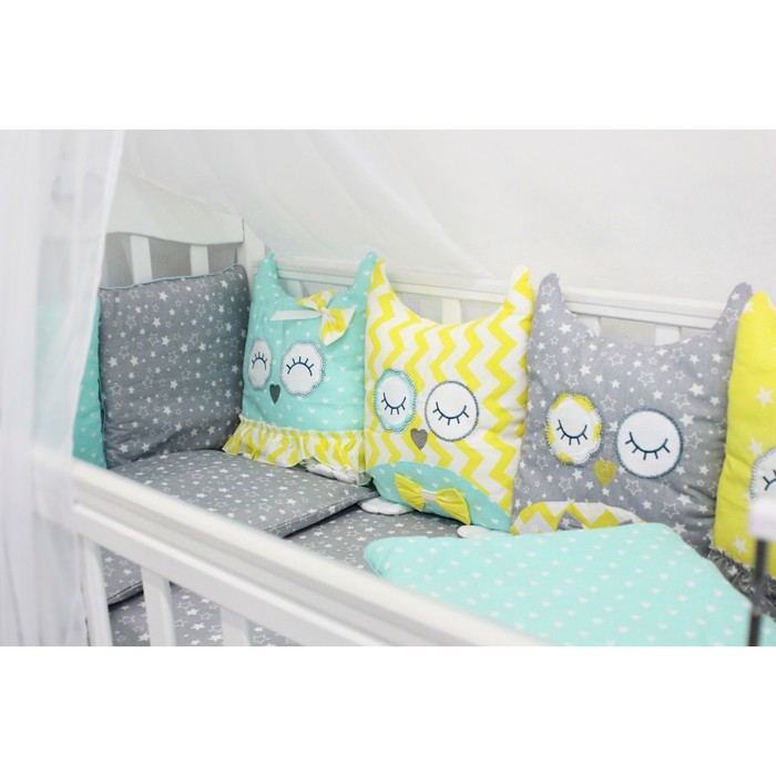 Комплект в кроватку с игрушками "Совушки", бязь, мятно-жёлтый