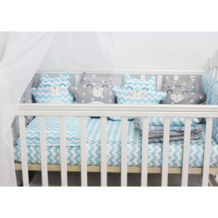 Комплект в кроватку с игрушками "Котики", бязь, голубой