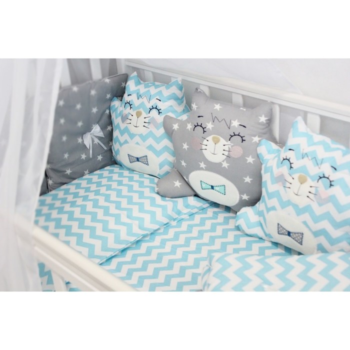 Комплект в кроватку с игрушками "Котики", бязь, голубой