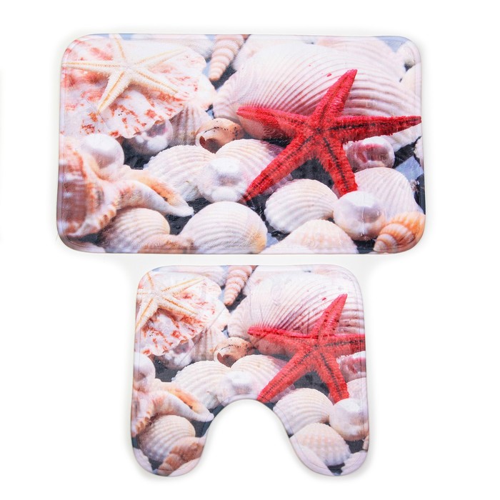 Набор ковриков для ванной и туалета 2 шт "Звёзды на ракушках"