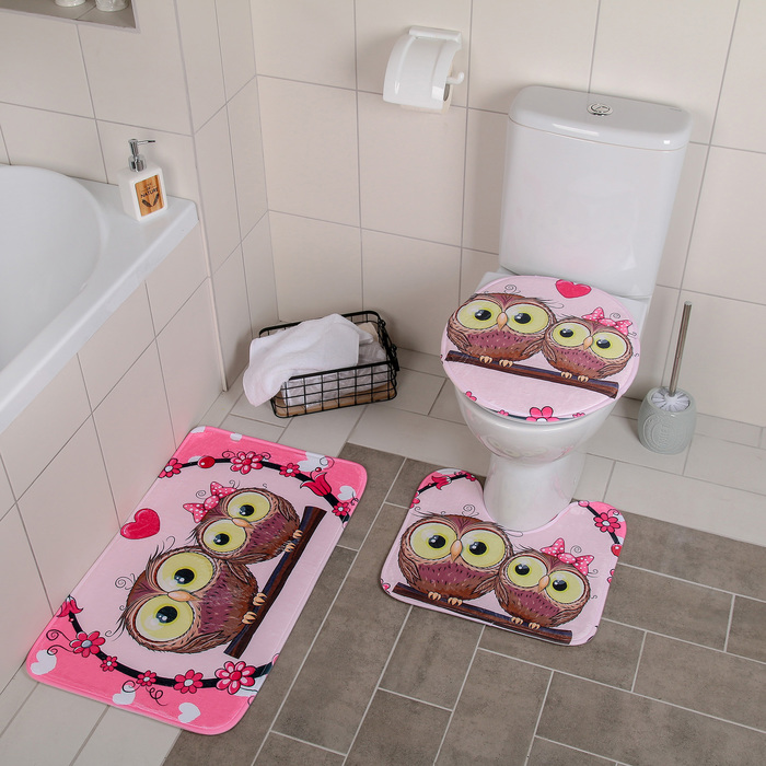Набор ковриков для ванной и туалета Доляна «Совушки на ветке», 3 шт: 38×45, 40×43, 43×73 см, цвет розовый