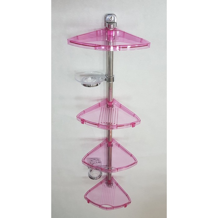 Угловая полка, алюминиевая трубка, 4 полки, мыльница и стакан, цвет прозрачно-розовый