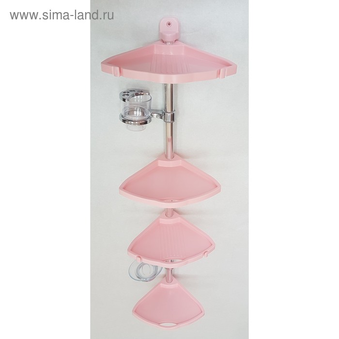 фото Угловая полка, алюминиевая трубка, 4 полки, мыльница и стакан для щёток, цвет розовый primanova