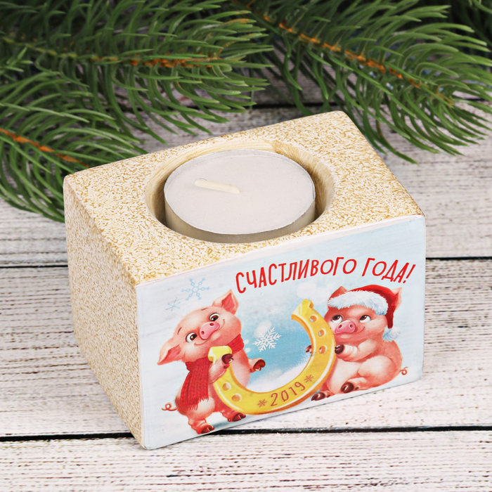 Керамический подсвечник со свечой "Счастливого года!"