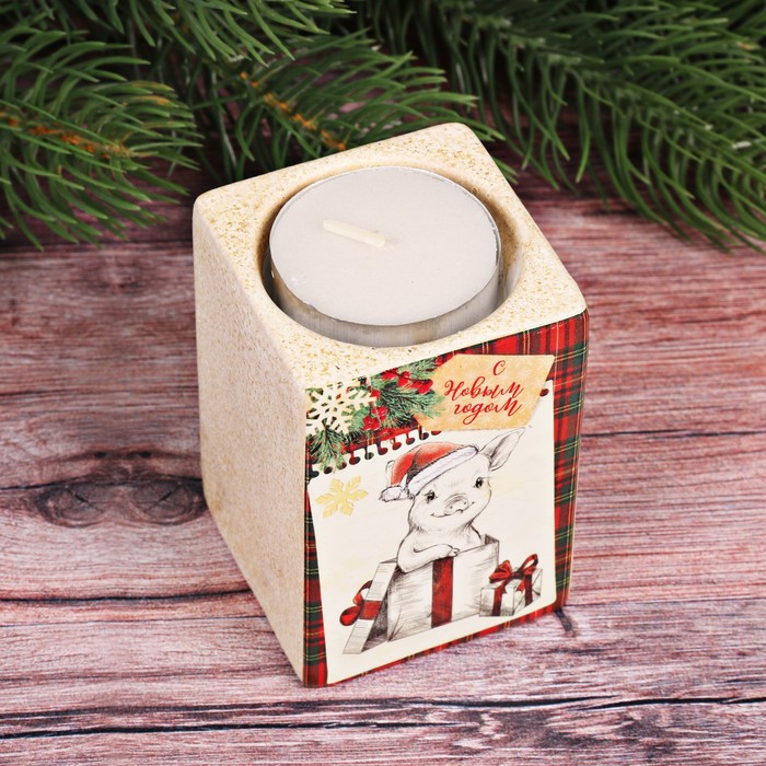Керамический подсвечник со свечой "С Новым Годом!"