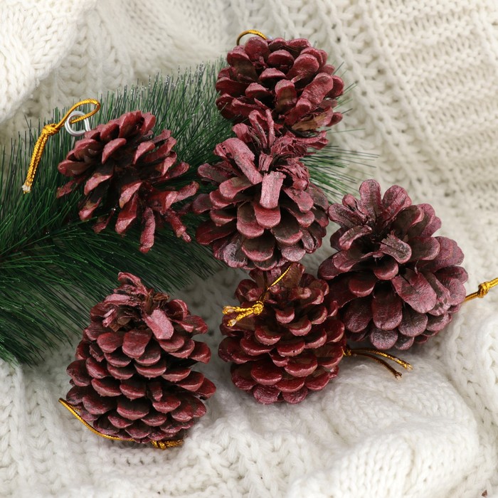 Шишка новогодняя красная (фасовка по 6 шт)