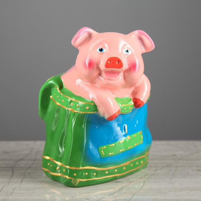 Копилка "Поросёнок в сумке" зелёная сумка, глянец