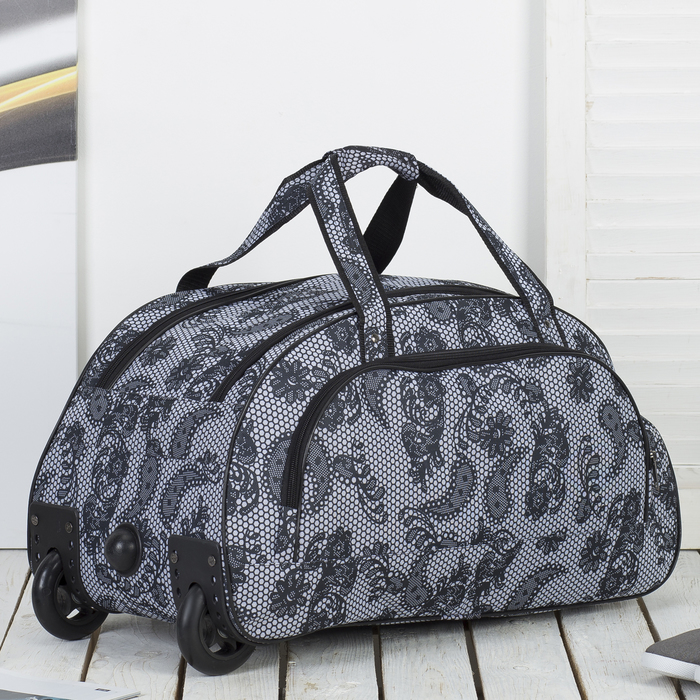 Сумка дорожная на колесах "Кружева", 1 отдел, наружный карман, цвет серый