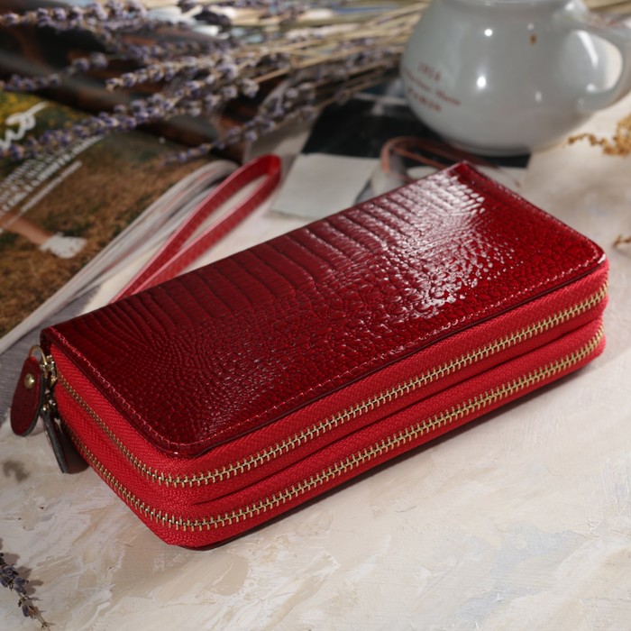 Кошелёк женский, 2 отдела на молниях, с ручкой, цвет красный