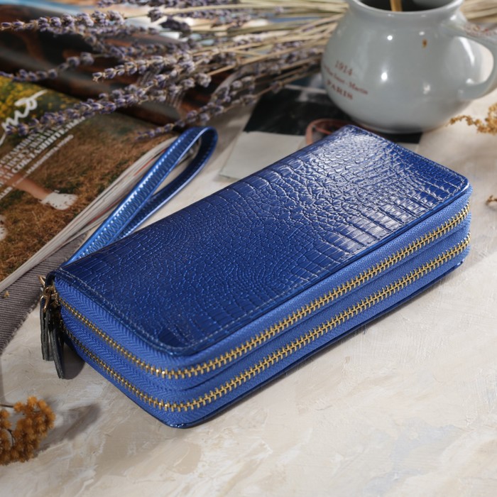 Кошелёк женский, 2 отдела на молниях, с ручкой, цвет синий