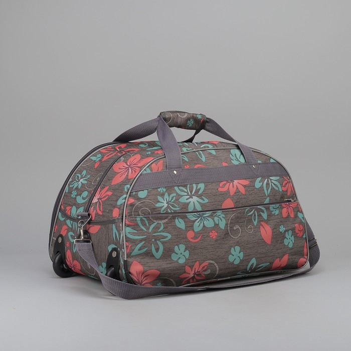 Сумка дорожная на колёсах "Цветы", 3 наружных кармана, цвет серый/зелёный