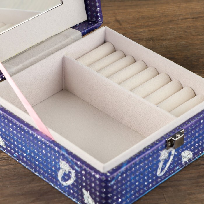 Шкатулка кожзам для украшений "Кольцо" синяя с блёстками 7х15х15 см